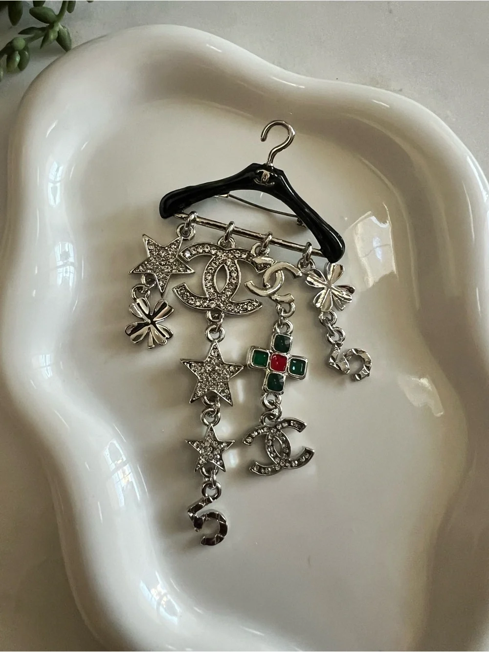 CHANEL Silver-Tone CC Charm Brooch with Black, Green & Red Accents